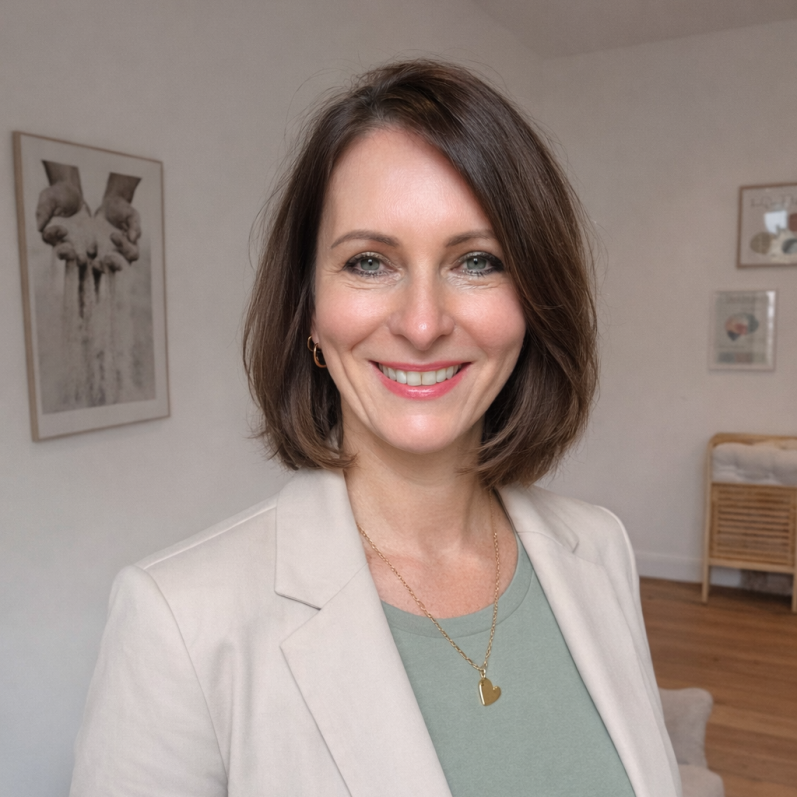 Frau mit kurzer, brauner Haarfrisur, lächelnd in einem hellen Raum mit Pflanzen.